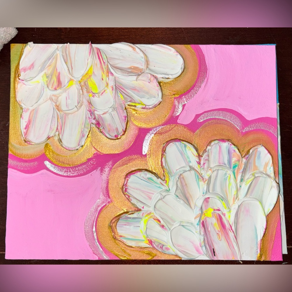 3d Pink & Gold Floral Canvas Wall Art - handpainted